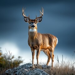 Obraz premium Deer Standing atop Rock. Nature background
