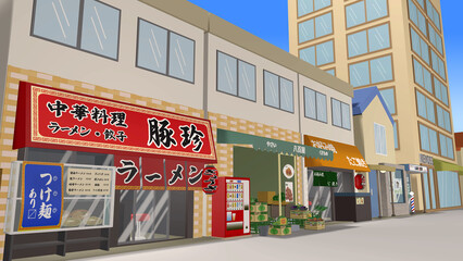 Fototapeta premium 2Dアニメーションに最適な背景画像です（商店街と公園の青空バージョン）