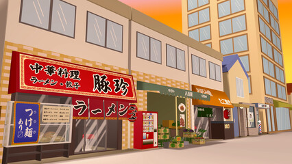 2Dアニメーションに最適な背景画像です（商店街と公園の夕暮れバージョン）