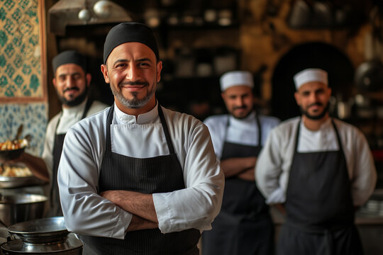 Photography of Libya professional service staff, salesperson and cook in traditional restaurant. - Powered by Adobe