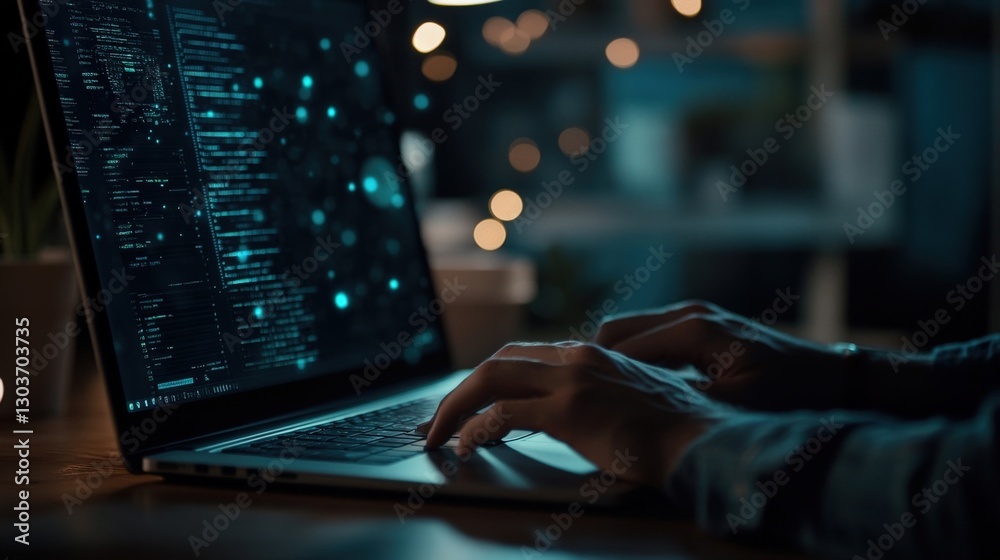 Poster software developer programming innovative, futuristic software on a laptop in a dark room, with a ca