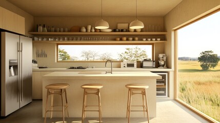 Bright and airy kitchen features sleek countertops and wooden stools, creating a warm atmosphere. The large window reveals a stunning landscape, blending indoor elegance with nature