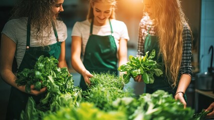Fototapeta premium Harvesting fresh greens women preparing vegetables in a cozy kitchen lifestyle natural light community spirit