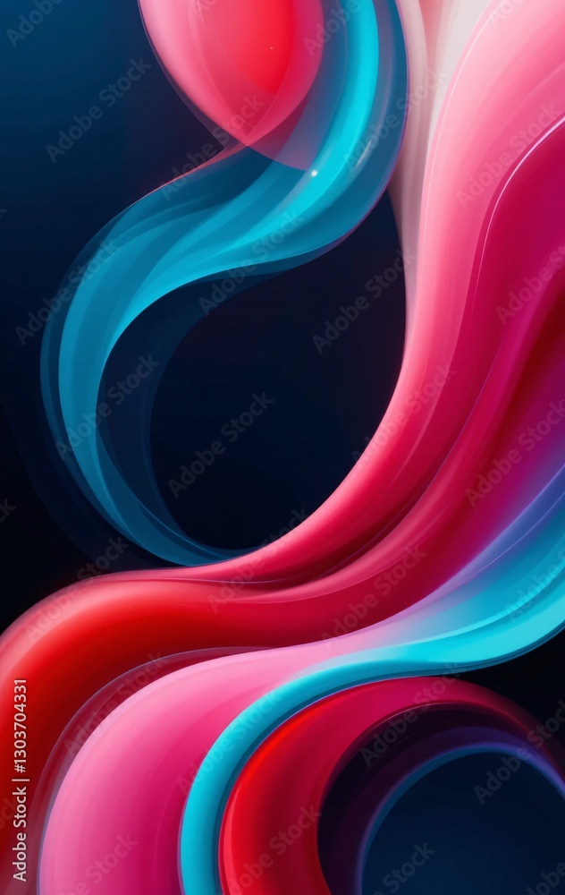 Poster abstract fluidity a dance of red, pink, and turquoise curves on deep black. glossy shapes reflect li