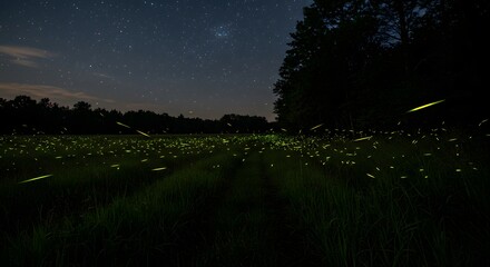 Fototapeta premium Bioluminescent Night Insect Fireflies Flashing in Dark Meadows and Woodlands