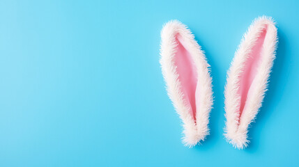 White fluffy bunny ears with pink inner lining on a bright blue background, symbolizing Easter and spring celebration
