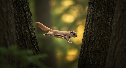 Flying Squirrel Leaping Between Forest Trees with Natural Woodland Background