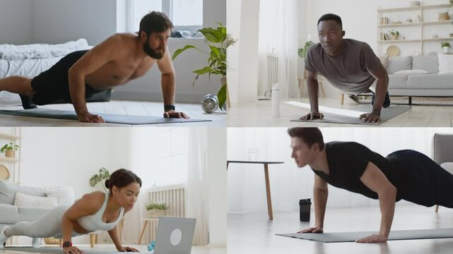Four individuals of different backgrounds participate in push-ups in a bright, minimalistic room. They maintain focus while enjoying their fitness routines, highlighting active lifestyles.