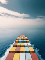 Large cargo ship with colorful shipping containers sailing across calm ocean waters under a partly cloudy sky, symbolizing global trade and logistics