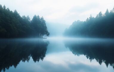 Fototapeta premium Foggy forest with a lake in the background