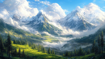 Majestic mountain range serene valley nature scene lush environment wide-angle view tranquility and adventure
