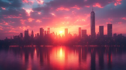 Fototapeta premium Cityscape sunset reflection, harbor, dramatic sky, urban
