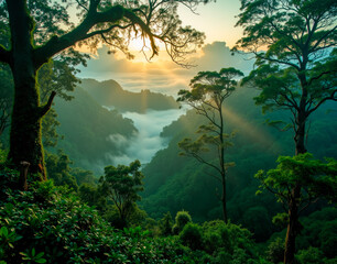 Obraz premium Costa Rican cloud forest at dawn, mist drifting through epiphyte-covered trees in a lush tropical landscape.