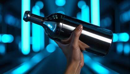 Fototapeta premium Hand holding cocktail shaker against neon blue background