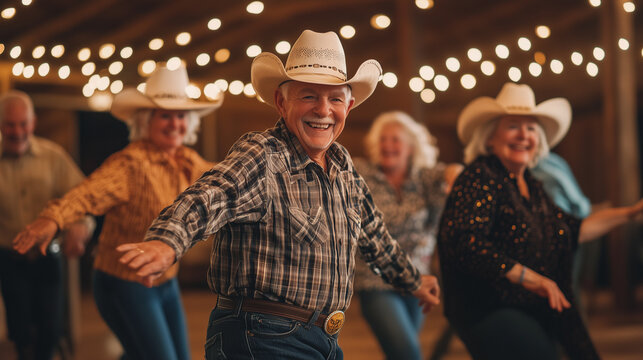 Active elderly group line dancing joyfully in cowboy hats and western attire at a lively venue