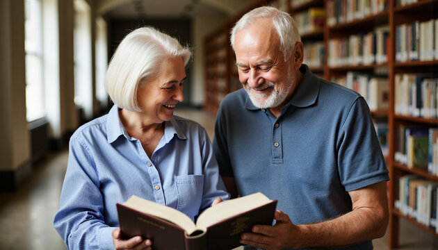 Smiling elderly couple reading together in library