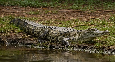 Freshwater Crocodile Basking on Riverbank with Natural Riverine Background