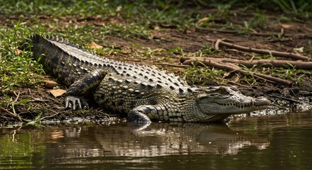 Freshwater Crocodile Basking on Riverbank with Natural Riverine Background