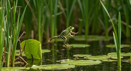 Frog Jumping Among Lily Pads and Reeds with Natural Wetland Background