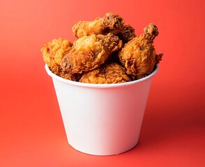 Crispy Juicy Fried Chicken Bucket on Red Background: Takeout, Korean Fried Chicken, and Food Promotion Material