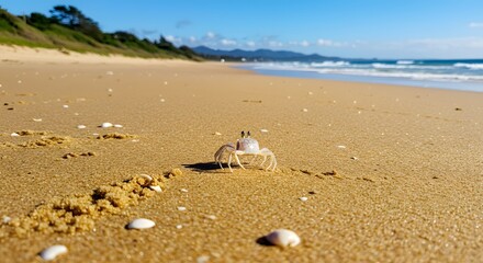 Ghost Crab Running Across Sandy Beach with Natural Coastal Background
