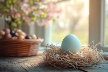 Obraz premium Easter Egg in Nest by Window