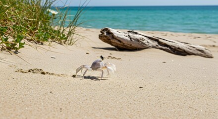 Ghost Crab Running Across Sandy Beach with Natural Coastal Background