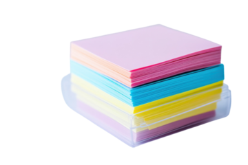 Colorful sticky notes in a variety of hues stacked neatly, perfect for organizing thoughts and ideas isolated on transparent background