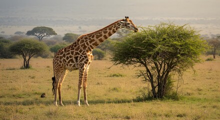 Giraffe Grazing on Acacia Trees in African Grasslands with Natural Savanna Background