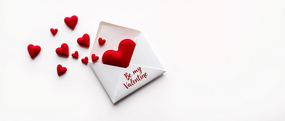 Obraz premium Romantic White Envelope with Velvet Heart and Be My Valentine Message on White Background 
