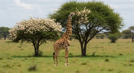 Giraffe Grazing on Acacia Trees in African Grasslands with Natural Savanna Background