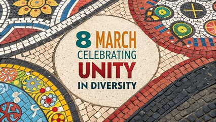 "8 March Celebrating Unity in Diversity" in bold typography over a traditional woven pattern background