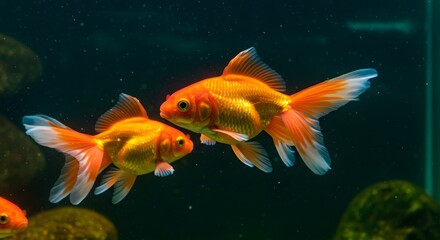 Goldfish Swimming in Freshwater Tank with Natural Aquarium Background