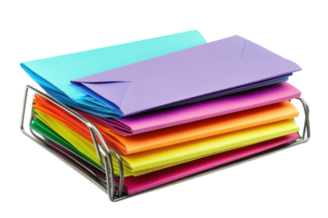 Colorful envelopes neatly stacked in a metal organizer on a bright, clean workspace isolated on transparent background