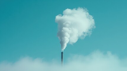 Factory smokestack emitting thick white smoke against a clear blue sky. Illustrates environmental pollution, industrial impact, or climate change concepts.