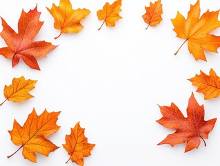 Fototapeta premium Autumn leaves in vibrant orange hues arranged in a circular pattern on white