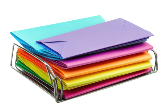 Colorful envelopes neatly stacked in a metal organizer on a bright, clean workspace isolated on transparent background - Powered by Adobe