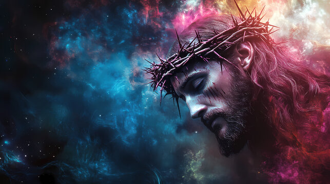 Dramatic and emotive digital of jesus christ wearing a crown of thorns conveying themes of spiritual sacrifice redemption and divine transcendence. Transcendence - Space. Illustration