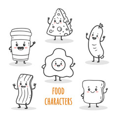 set of cartoon food characters isolated on white. Cup of coffee, fried egg, piece of bread, bacon, sausage and cheese in doodle style. Vector illustration