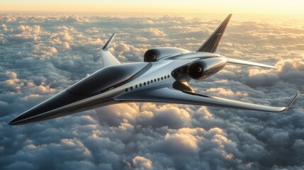 Sleek silver private jet soaring above clouds. Perfect for luxury travel, aviation, and futuristic concepts.