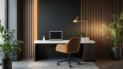 Modern workspace with laptop, comfortable chair, and plants.  Interior design inspiration