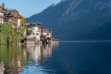Naklejka premium Hallstatt – a picturesque village, a magical lake and the oldest salt mines in the world. It is located in the inner part of the Salzkammergut Mountains. It is a UNESCO World Heritage Site.