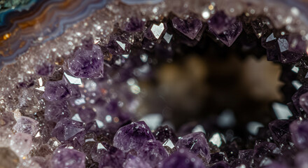 Macro Cross-Section of Amethyst Crystal Geode Displaying Natural Patterns and Layers with Purple Hues