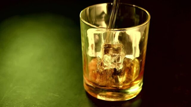 Glass of whiskey with ice on the table. Whiskey is poured from a bottle. Slow motion.