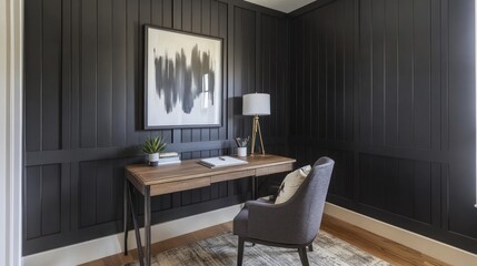 Fototapeta premium Modern home office nook with dark walls and wooden desk