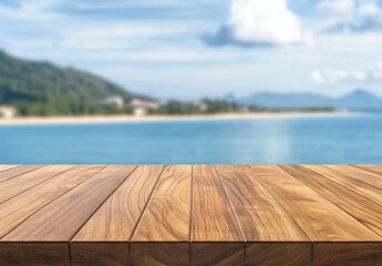 Fototapeta premium Natural Wooden Tabletop with Scenic Ocean Background and Blurred Shoreline View Under Bright Sky for Relaxation and Refreshment Themes
