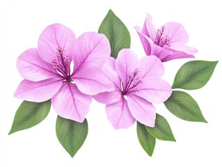 Vibrant pink flowers with green leaves arranged artistically on a white background