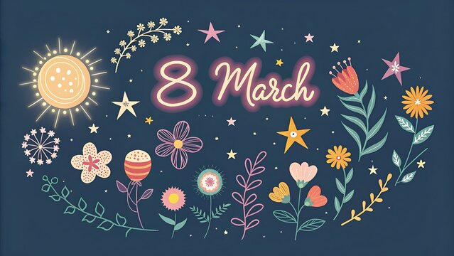 "8 March" neon-style typography with a playful mix of stars and floral elements.