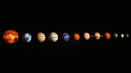 Sistema solar con alineaci&oacute;n de planetas y el Sol sobre fondo negro