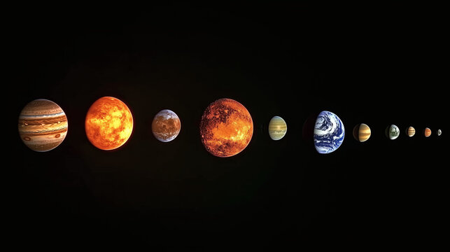Sistema solar con alineaci&oacute;n de planetas y el Sol sobre fondo negro